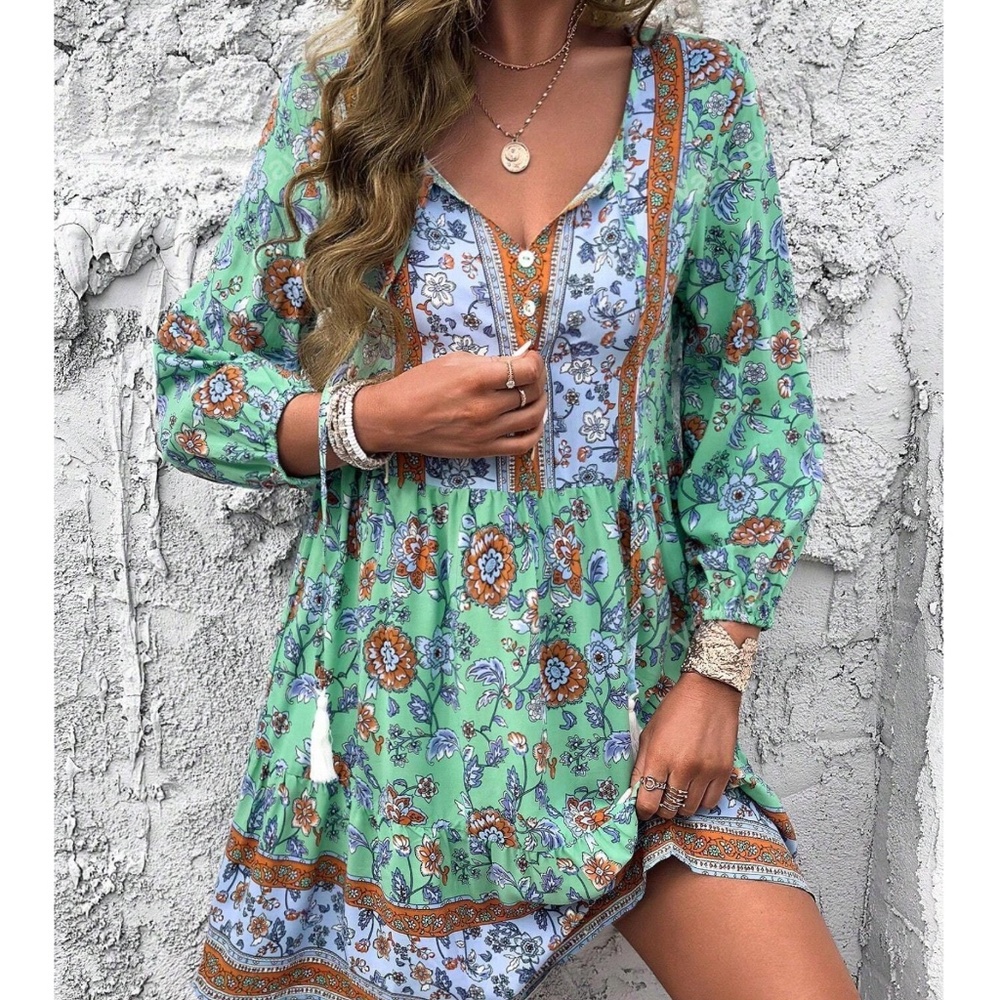 Boho Floral Print Tassel Neck Tie 3/4 Sleeve Dress